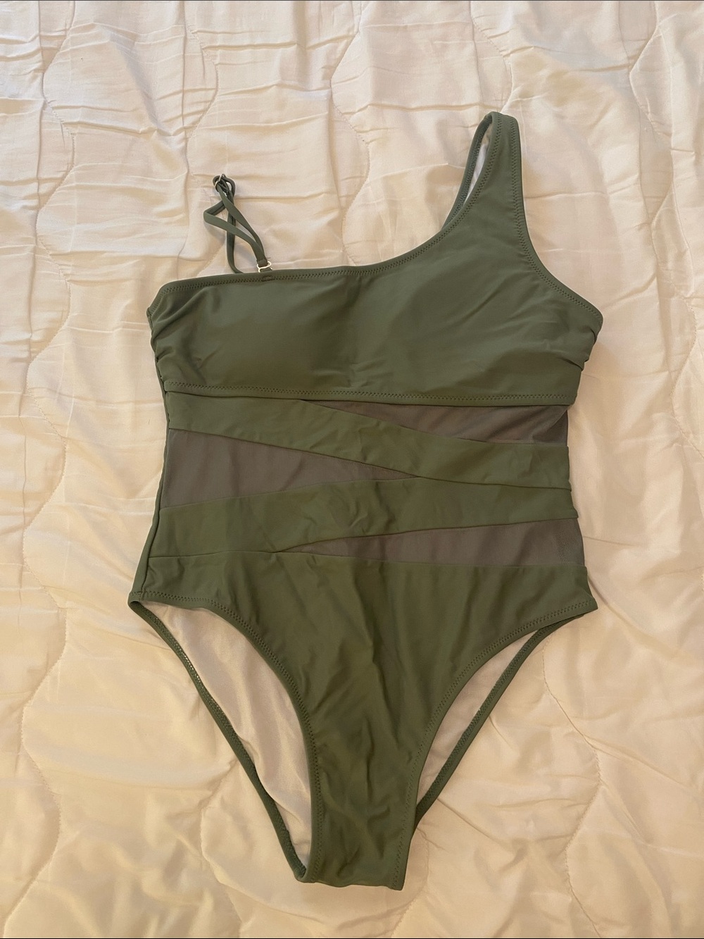 Pink Lily Olive Green One-Shoulder Mesh Panel One-Piece Swim